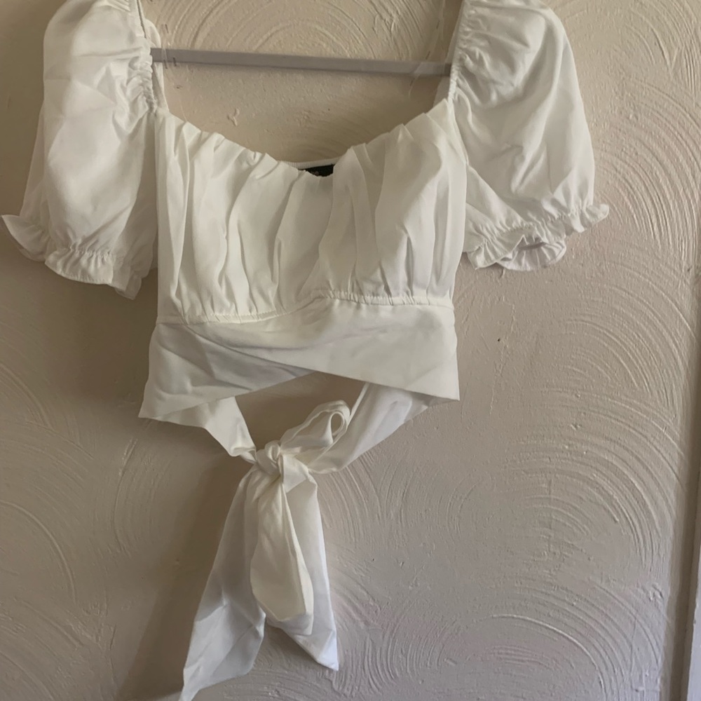 White cropped , tie around the back blouse